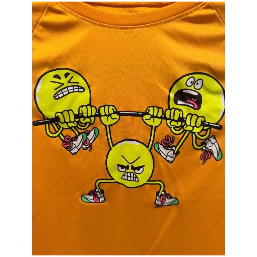UNDER ARMOUR Cartoon Graphic Three Smiley Faces Lifting Weights Yellow T-shirt - Picture 4 of 5
